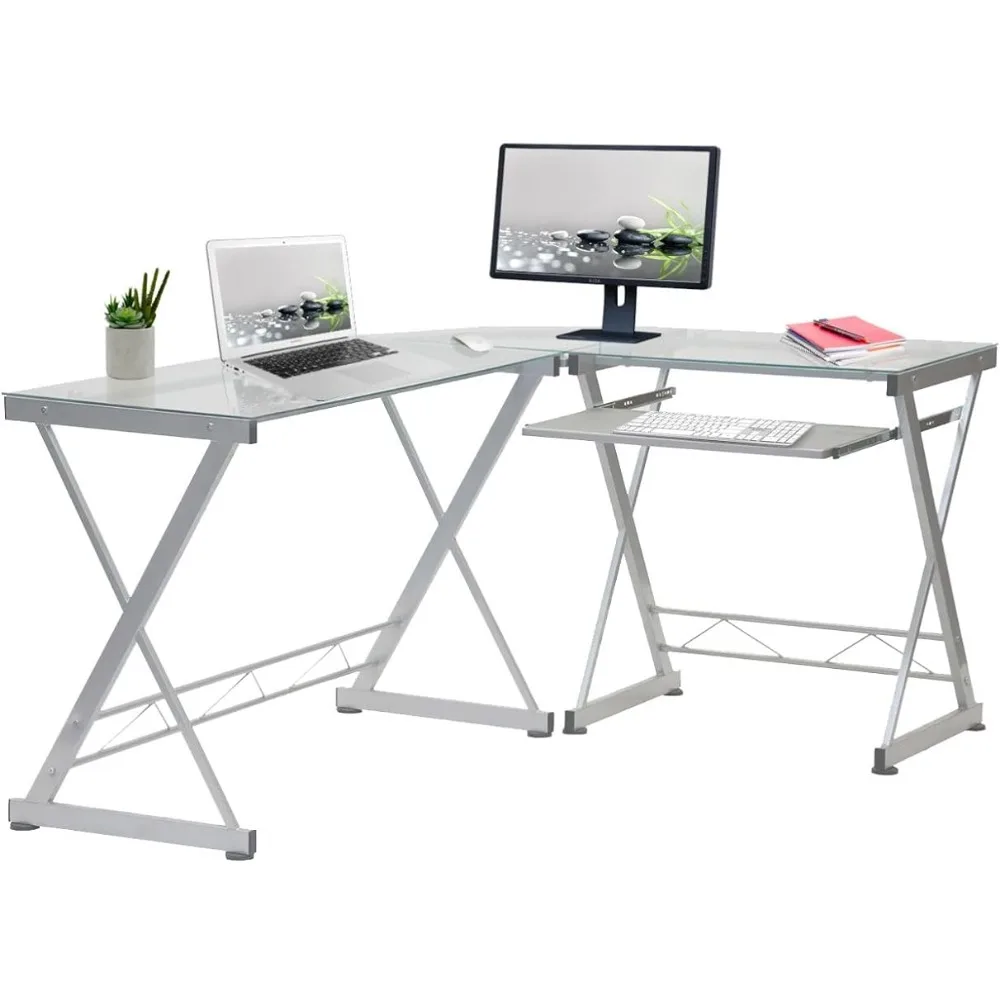 

L Shaped Desk With Keyboard Tray Glass L Shaped Desk Professional Work Desk for Home Office Freight Free Reading Computer