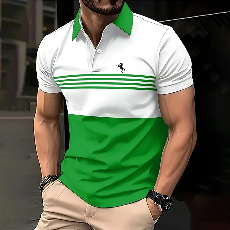 Men’s 3D Striped Horse Print Polo Shirt Summer Casual Shirt Tee Beach Top Gift