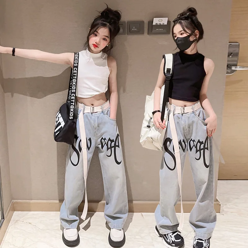 

Girls' High Waist Jazz Style Jeans 2023 Hong Kong Style Letter Print Casual Loose Wide Leg Drape Mop Pants