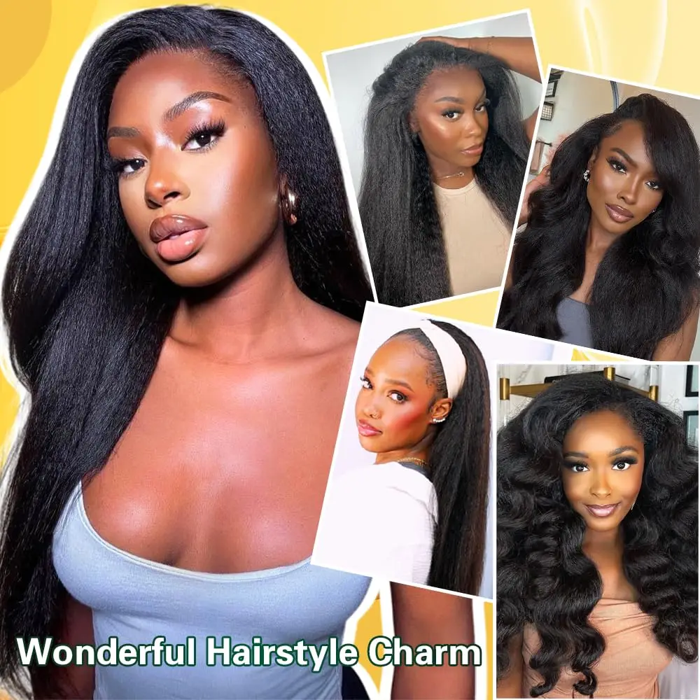 Kinky Straight Half Wig Human Hair Glueless Wig Human Hair Ready to Wear 3 IN 1 Half Wig Drawstring Yaki Glueless Half Wig
