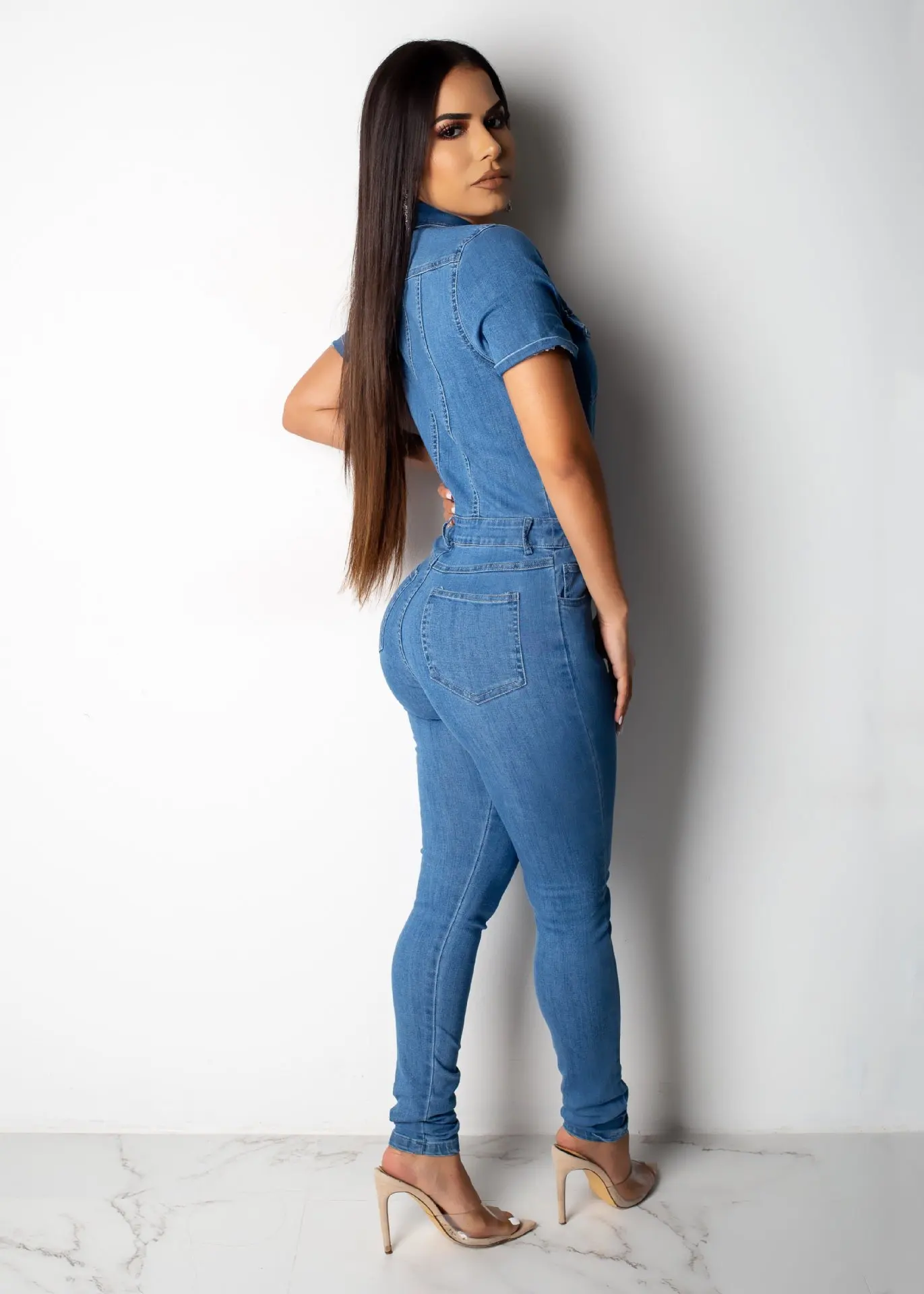 Ladies Fashion Casual Lapel Short Sleeve Skinny Light Blue Denim Jumpsuit Summer Tidal Current Jumpsuit