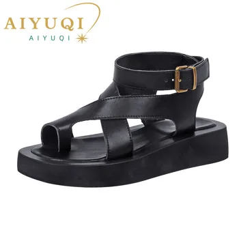 AIYUQI Sandals Women Genuine Leather 2022 Summer New Clip Toe Sandals Ladies Roman Women Shoes Muffin Sandals 1