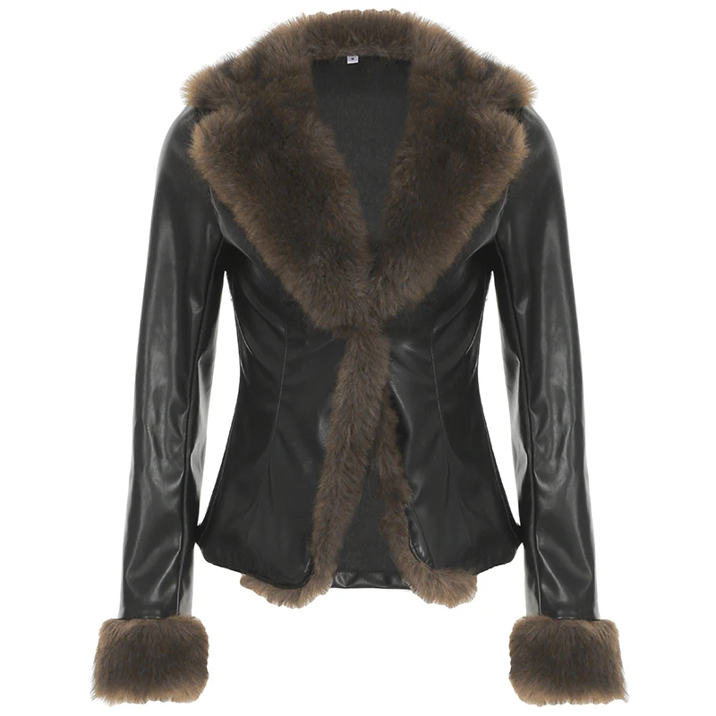 Faux Leather Fur Turndown Collar Jacket Korean Stylish Winter Cardigan Coat Punk Vintage 90s Women Outwear Chic Fall