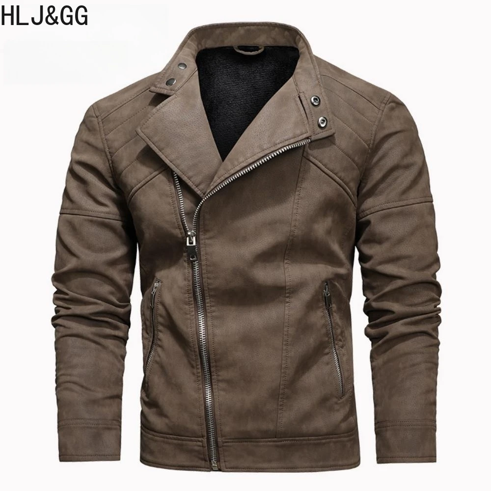 HLJ&GG Autumn Winter Men's Motorcycle Leather Jackets High Quality Warm Oblique Zipper PU Biker Moto Jackets Coats New Arrivals