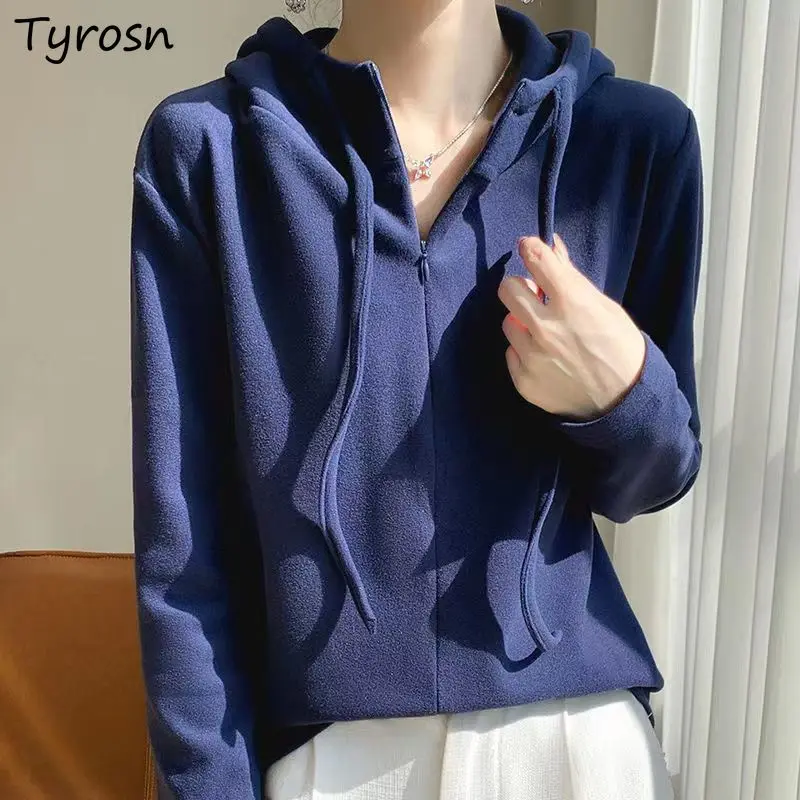 

Solid Hoodies Women Thicker Loose Zipper Korean Style Long Sleeve Simple Basics Leisure Students Casual Spring Fashion All-match