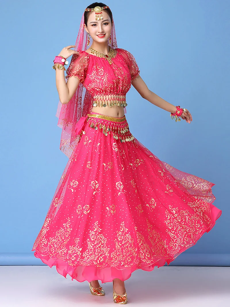 

Adult Women Halloween Mesh Print Bellydance Performance Costume Princess Sequins Belly Dance Festival Rave Outfit Sets