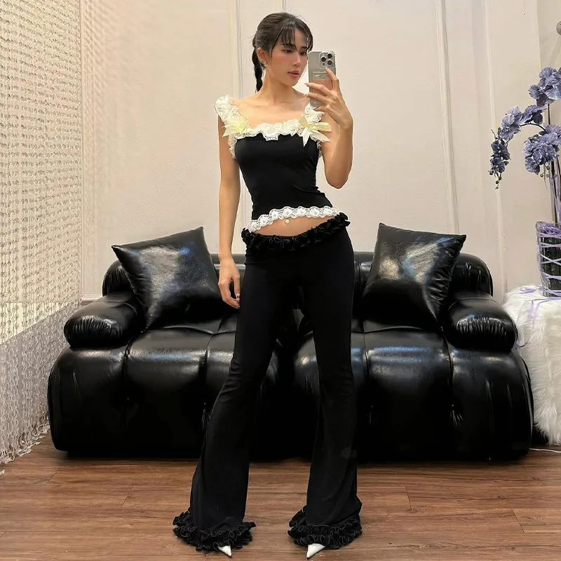 Women's 2024 Summer New American Sweet Spicy Wind Lotus Lace Slightly Spicy Solid Color Low Waist Crop Pants Women Traf