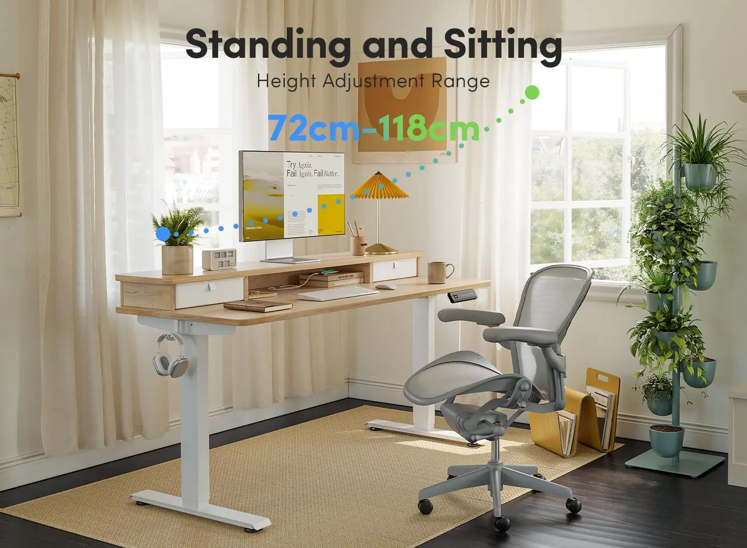 48 x 24 Inch Height Adjustable Electric Standing Desk with Double Drawer, Computer Desk, Home Office Stand Up Tabl with 4 Height