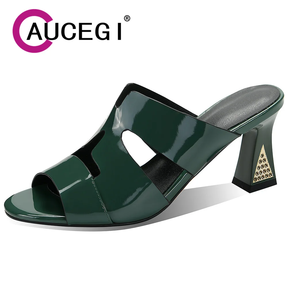 

Aucegi Women Crystal Studded High Heel Round Peep Toe Cow Leather Sandals Slipper Hollow Sexy Summer Concise Banquet Dress Shoes