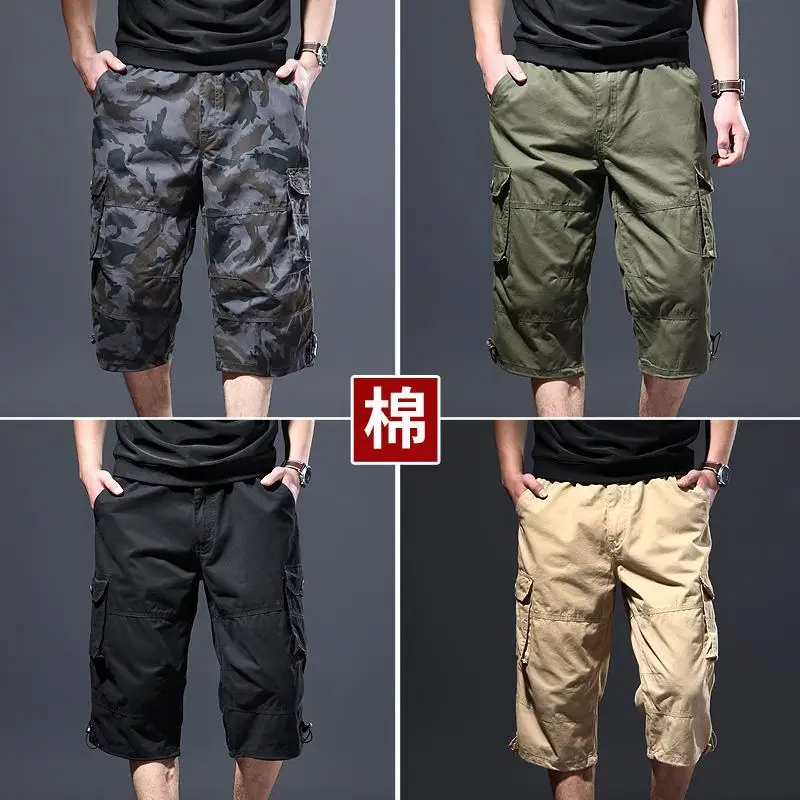 Open Crotch Outdoor Sex Summer Baggy Plus Size Men's Cargo Shorts Casual Elastic Capri Pants Below Knee Long Short with Pockets