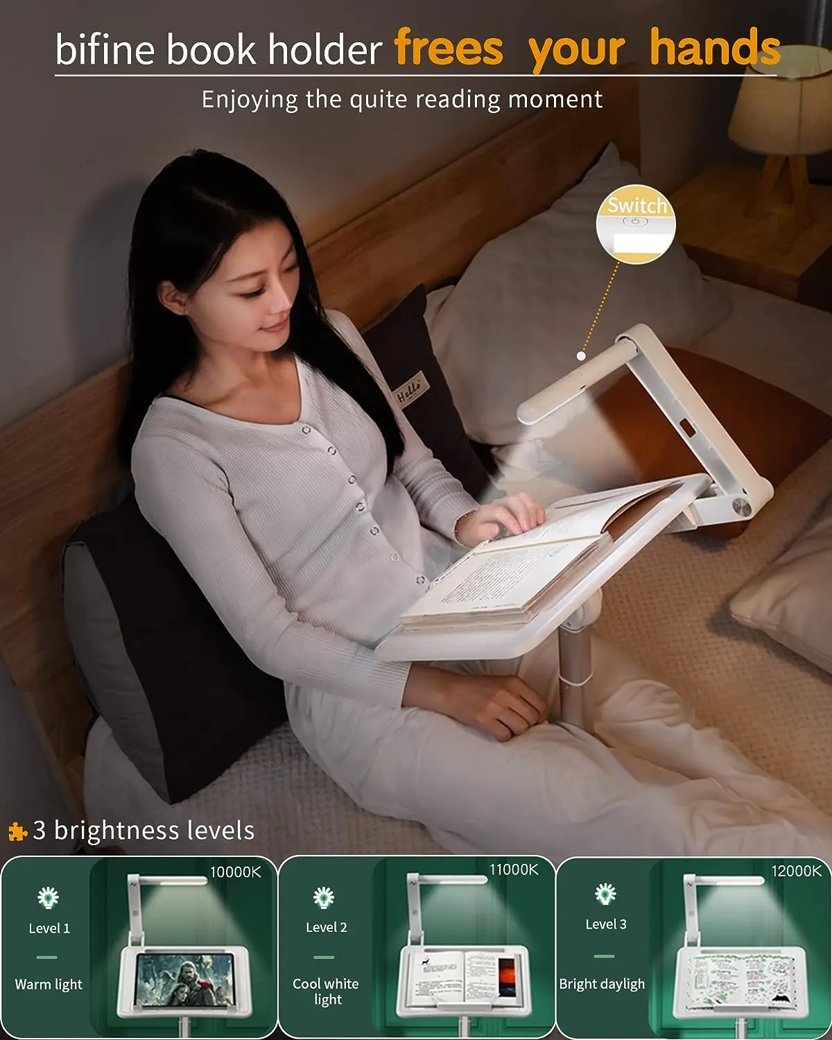 Support de livre portable avec lampe de lecture, réglable, panneau  réglable, LED cachée, veilleuse pliable