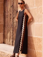 Summer Solid Patchwork Loose Midi Dress Women Casual O-neck Sleeveless Split Vintage Dress Female Beach Holiday Sundresses 2025 - Image 5
