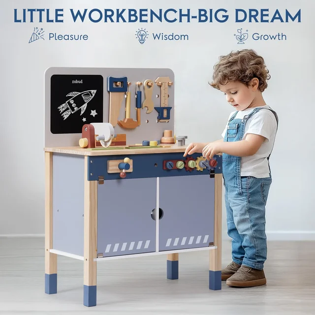 Robotime Robud Wooden Toy Workbench Large Kid's Wooden Play Tool  Pretend Play Creative Building Set Gift for Girls & Boys 3+