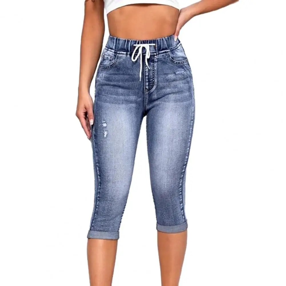 

Women Cropped Jeans Elastic High Waist Drawstring Pockets Gradient Slim Fit Butt-lifted Ripped Calf-length Colorfast Men Pants