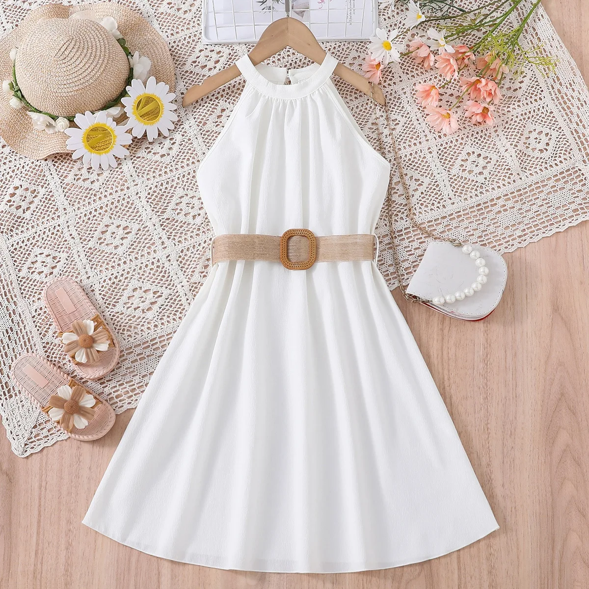 Ceeniu Girls' Sleeveless Halter Party Dress with Belt