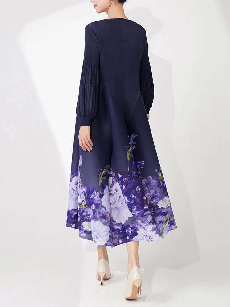 LANMREM Purple Printting Fashion Pleated Dress For Women Loose Causal Round Collar Long Sleeve A-line Dresses 2025 New 2DB3065 - Image 4
