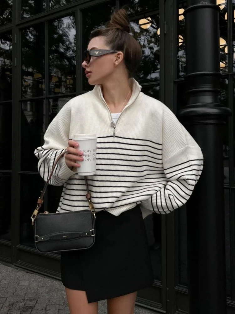 

Women's Sweater Womens Clothing Long Sleeve Lapel Fashion Stripe Knitted Vintage Knitwears Sweater Tops Comfortable Versatile