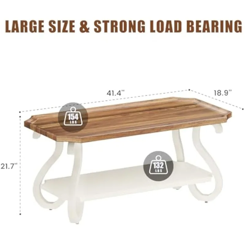 French Country Farmhouse Wood Tray Top Rustic ,Accent Rectangle VintageCoffeeTable with Storage, Carved Legs, for Living Room 3