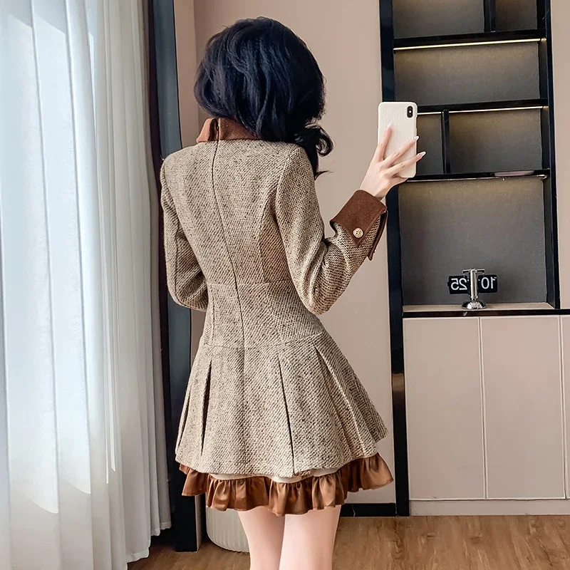 Khaki Tweed Dress for Women Autumn/Winter French Light