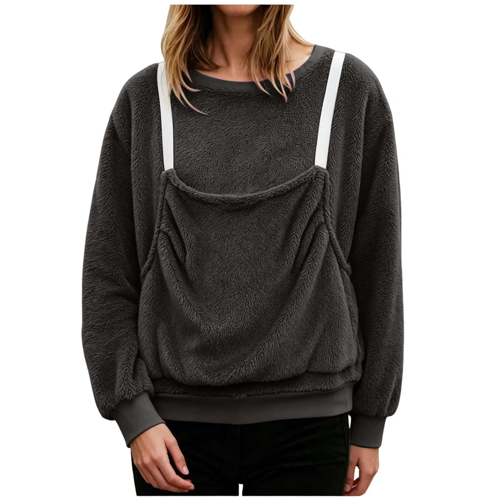 Women Fall And Winter Casual Plush Solid Color Pet Pocket Crew Neck Hoodless Sweatshirt Funny Jogging Suits Women Petite