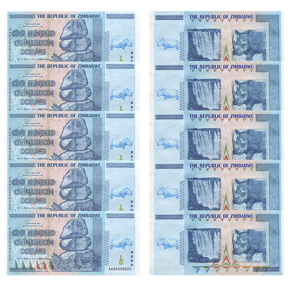 Zimbabwe Paper Money One Hundred Quintillion Dollars Billetes Banconote Collection Non-currency 2008 Commemorative Notes