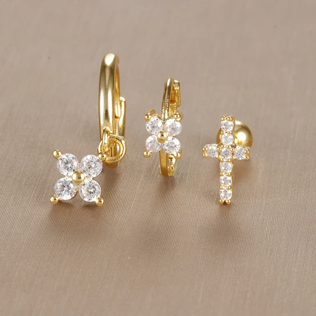 3PCS Vintage Design Four Flower Zircon Hoop Earrings Set for Women Tiny Stainless Steel Cartilage Piercing Earring Jewelry Gift 4