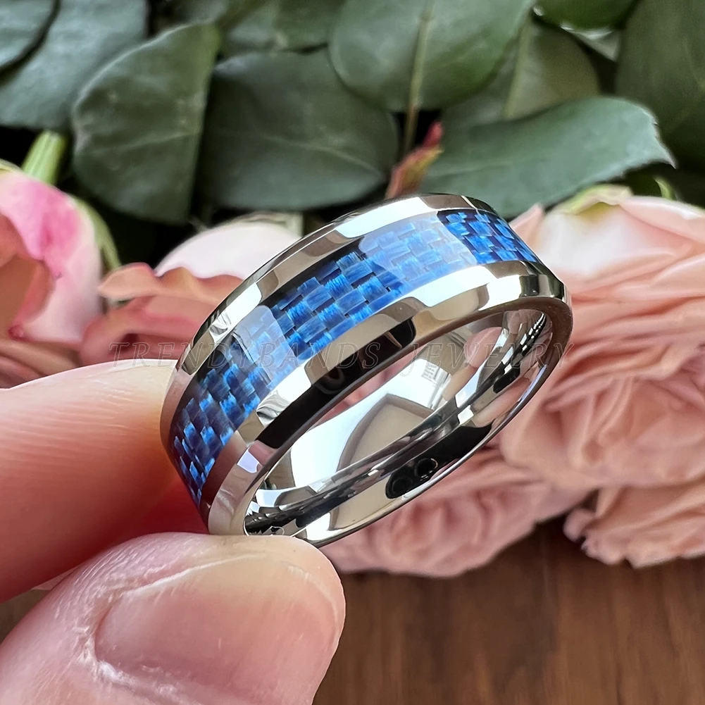 6mm 8mm Dropshipping Tungsten Carbide Ring Wedding Band for Men Women Blue Carbon Fiber Inlay Beveled Edges Comfort Fit