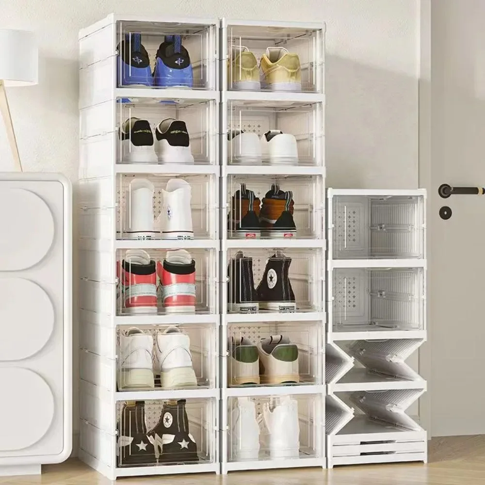 6 Layers Foldable Shoe Rack Organizer Transparent Tackie Box Collapsible Home Sneaker Storage Stackable Shoes Cabinet For Closet plastic storage box