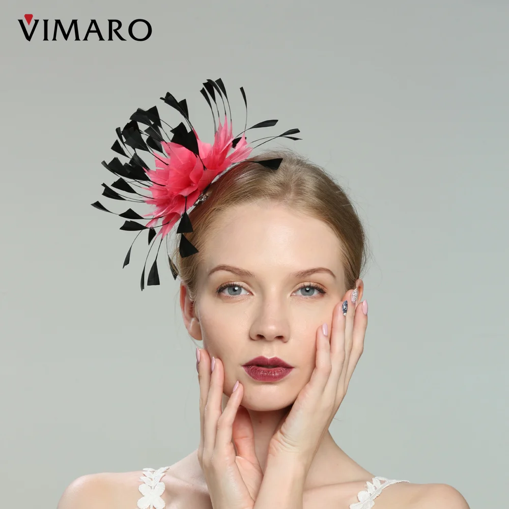 Фото Шляпка VIMARO женская с розовыми и черными перьями, элегантная Вуалетка для церкви и свадьбы, Дерби №5