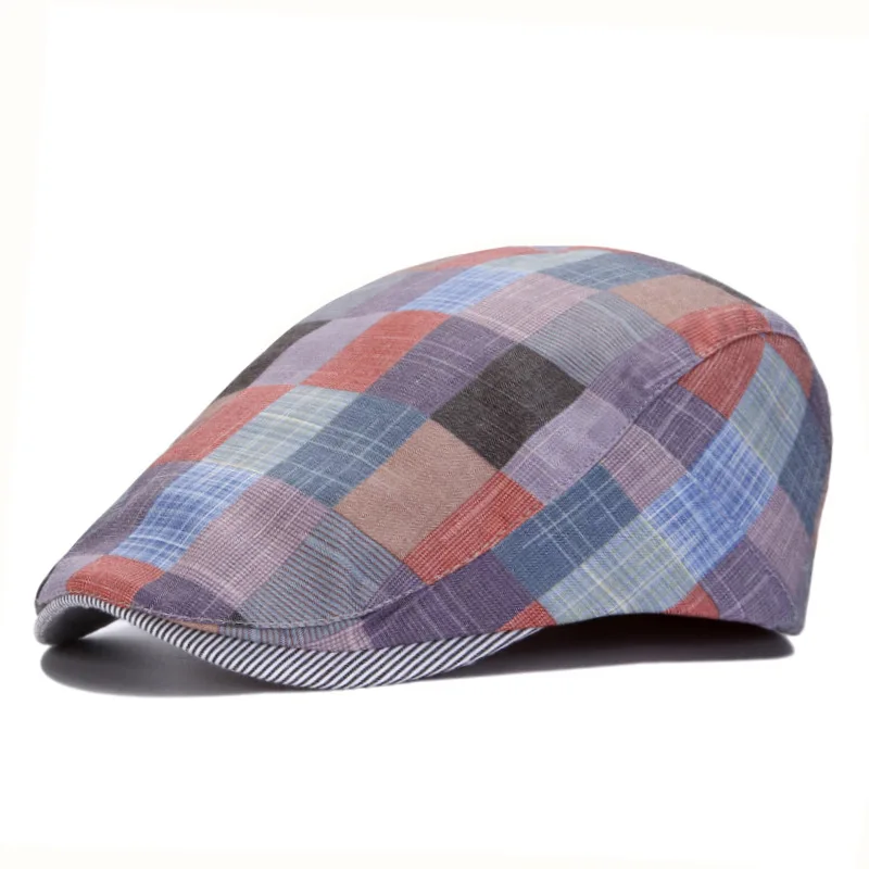 Men Women Newsboy Cap Plaid Colorful Cotton Buckle Adjustable Newsboy Beret Cabbie Gatsby Ivy Cap Flat Driving