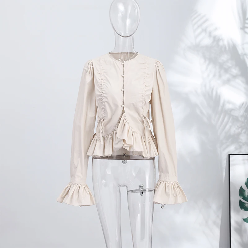 ตัวเลือกสินค้า เสื้อแขนสั้นระบายชาย คอโอ ทรงสวย ใส่สบาย