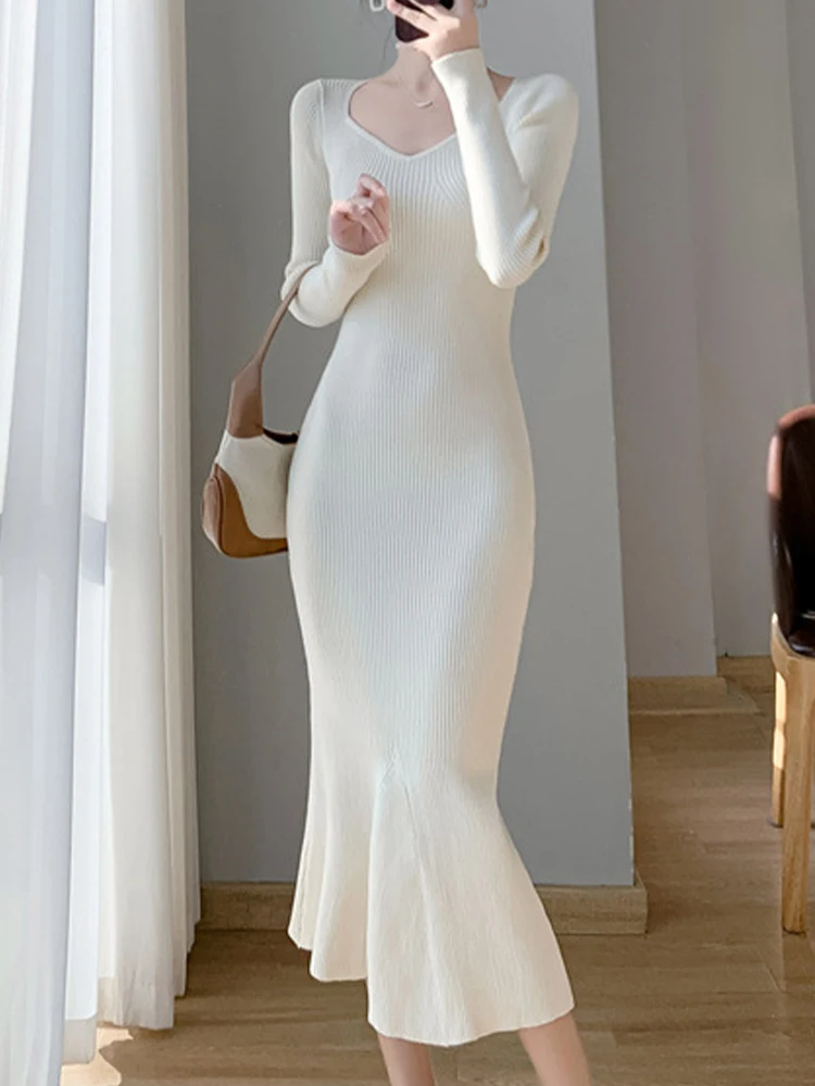 

Женское трикотажное платье с длинным рукавом, белое винтажное облегающее платье с высокой талией, элегантное шикарное платье на осень-зиму