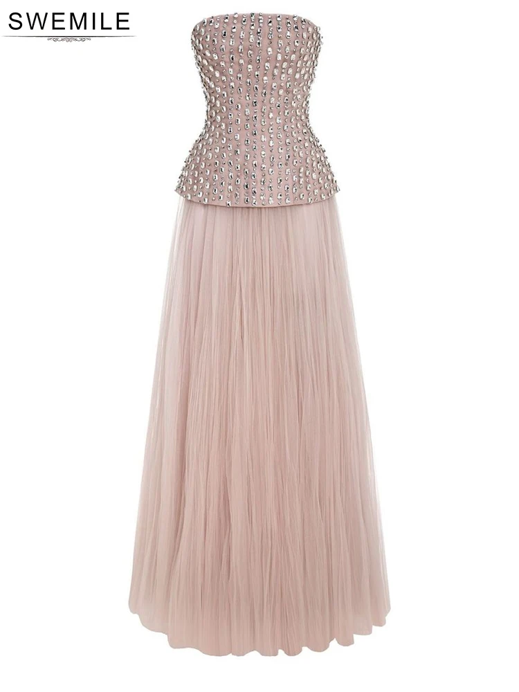 SWEMILE Luxury Diamond Beading Strapless Evening Dresses Women Elegant Champagne Tulle A-Line Prom Gowns فساتين سهرة 2