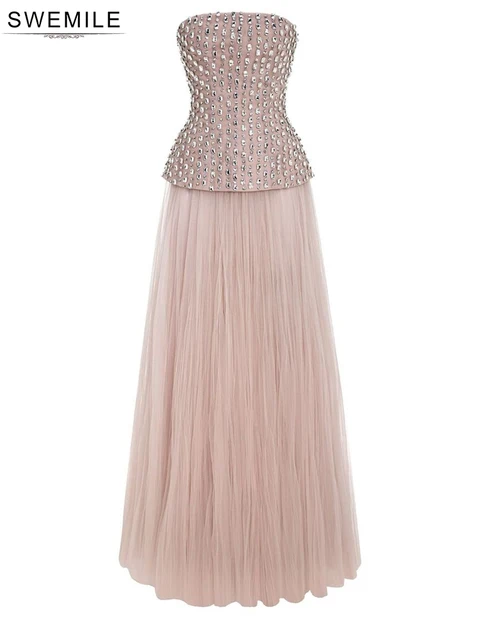 SWEMILE Luxury Diamond Beading Strapless Evening Dresses Women Elegant Champagne Tulle A-Line Prom Gowns فساتين سهرة 2
