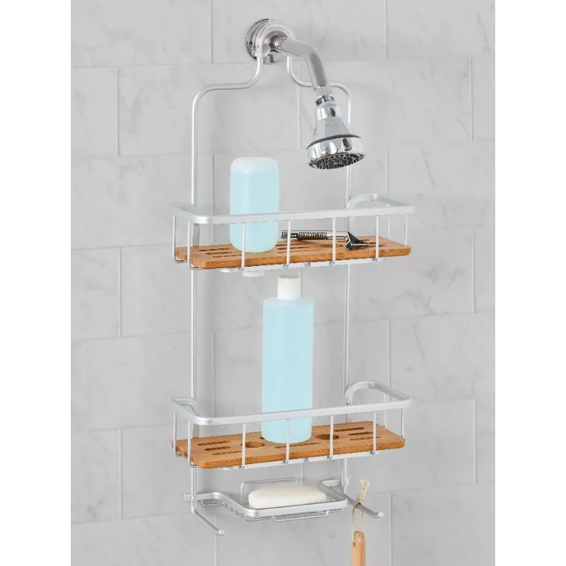 

Better Homes & Gardens Rust Proof Aluminum Shower Caddy with Bamboo Shelves, Satin Chrome