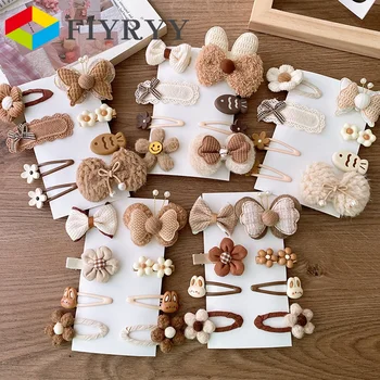 8 pz/set Dolce Ragazza Clip di Capelli Orso Del Fumetto Floreale Bowknot Perno di Capelli per le Ragazze Del Bambino Beige Colore del Caffè Capretto del bambino Copricapi 1