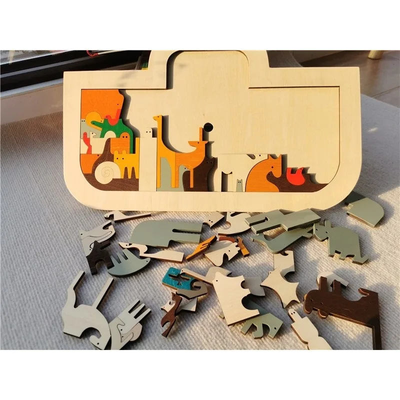 Kids Wooden Educational Animals Noah's Ark Puzzle Toys Solid Leaves Jigsaw for Baby Early Learning 3