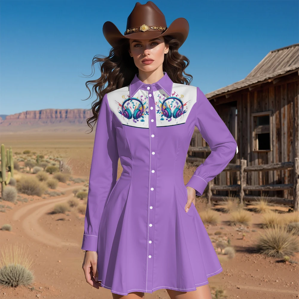 Punkrock-Cowgirl-Kleid für Damen, Totenkopf- und Musiknoten-Aufdruck, langärmelig, figurbetontes Midikleid, lila Kleid im westlichen Gothic-Stil