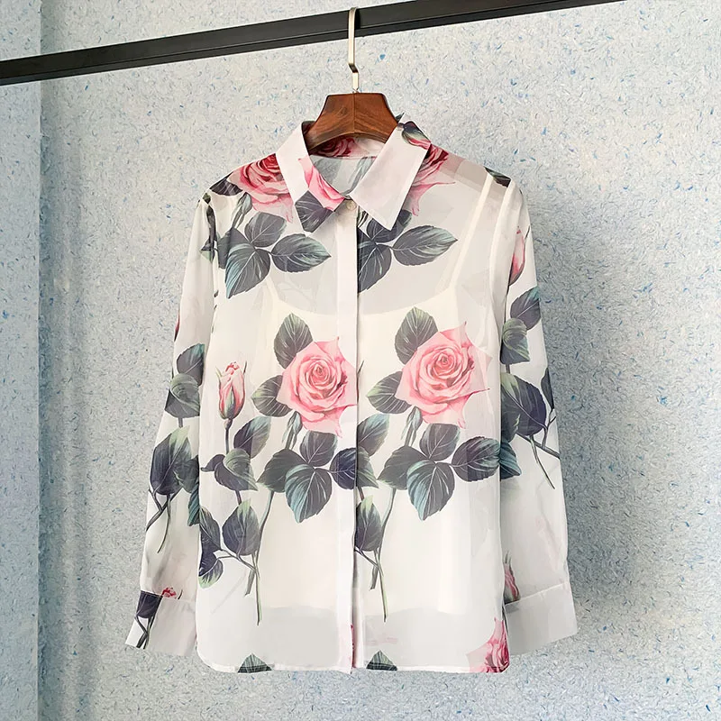 

2022 Spring Korean Style Women's High Quality Flower Print Long Sleeves Chiffon Shirt Tops C387