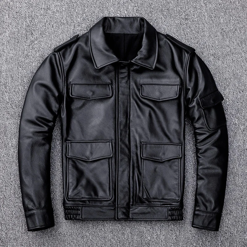 

shipping,2024 Free sales casual leather jacket.pockets man genuine coat.winter quality cowhide jackets.thick