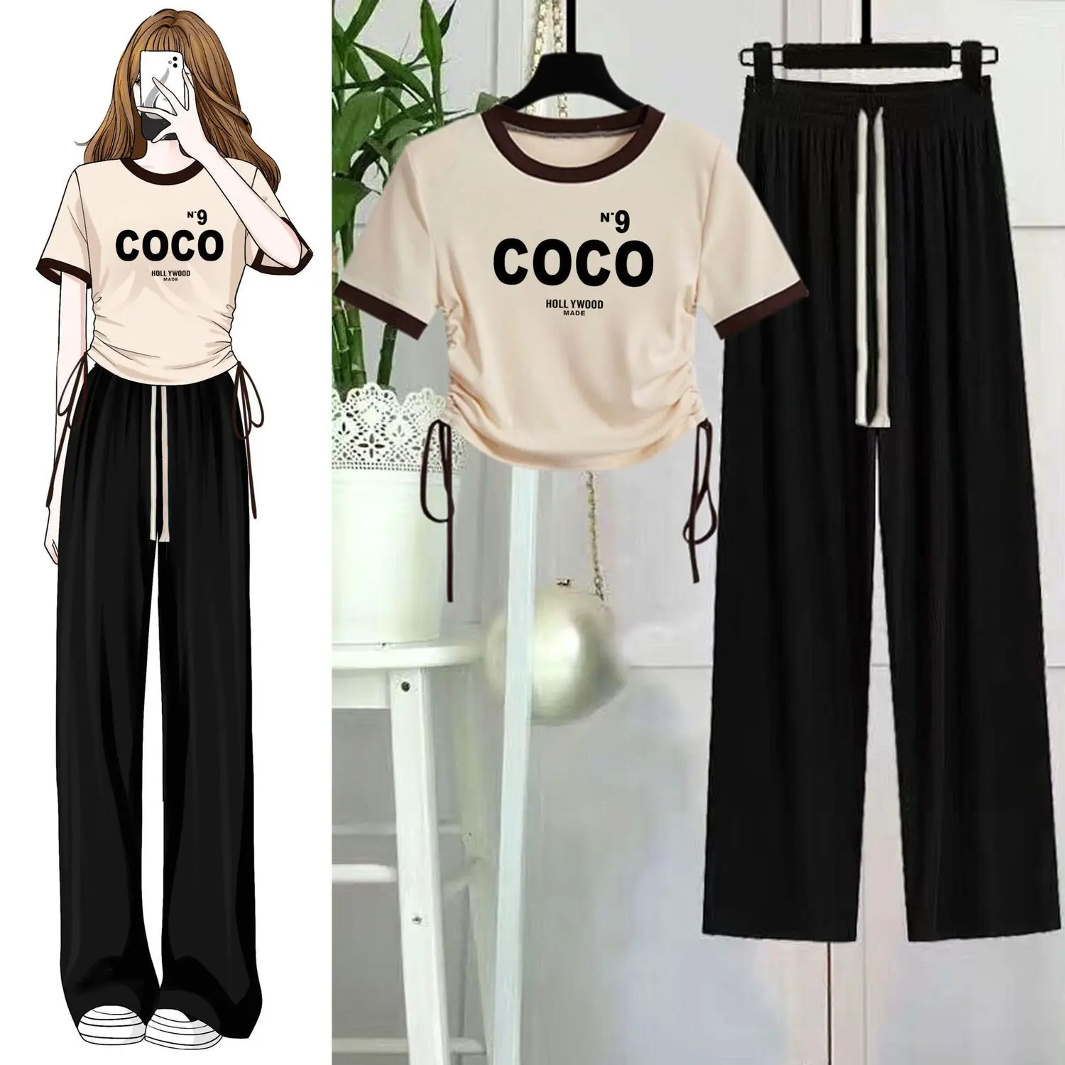 Cartoon Letter Printing Drawcord Pleated Short Sleeve T-shirt Casual Wide Leg Pants Two-piece Elegant Women's Pants Set Outfits