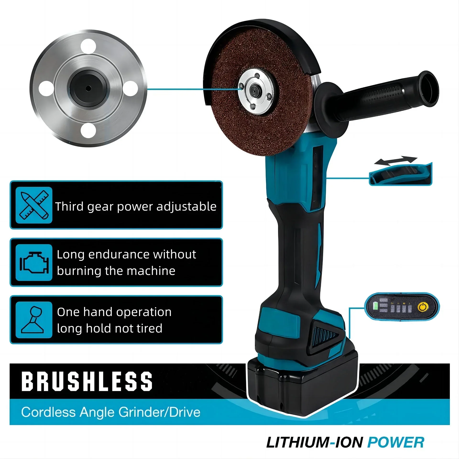 Brushless 125MM Lithium Electric Angle Grinder Bare Head High Power Rechargeable Wireless Grinder