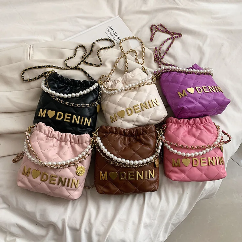 

Princess Children Luxury Design Diamond Lattice Leather Handbag Pearl Handle Toddler Kids Little Girl Cute Crossbody Purse