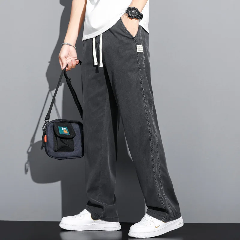 Brand Clothing Soft Lyocell Fabric Men's Jeans Loose Straight Pants Drawstring Elastic Waist Korea Casual Trousers Plus Size 5XL 4