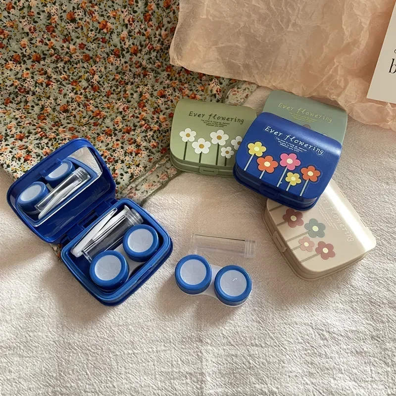 Ins Colored Flower Korean Women Contact Lens Case Portable Beauty Contact Lens Container Box with Mirror Tweezers Travel Box