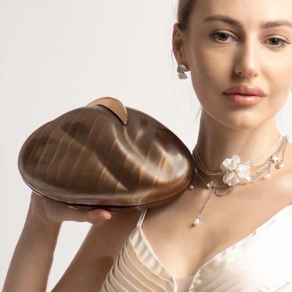 Brand Pearl Nude Acrylic Bead Chain Handle Box Clutches Shell Women Shoulder Purse Wedding Dress Evening Handbag Wallets