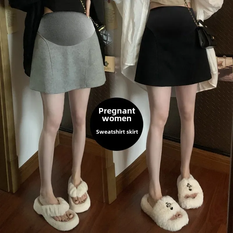 Maternity High Waist A- Line Mini Skirt Grey Women's Autumn Korean Style Anti-Light Slimming Short Skirt for Pregnant Ladies