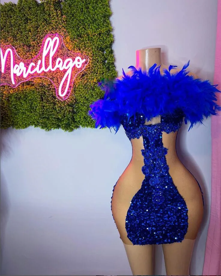 King Blue Luxury Mini Evening Cocktail Dresses for Women Black Girl Off Shoulder Crystal Birthday Gown vestidos de graduaci&oacute;n