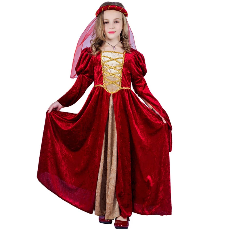 

Girl's Renaissance Costume Medieval Prince European Court Clothes Kid's Queen of Princess Red Fancy Dress Girls Outfit