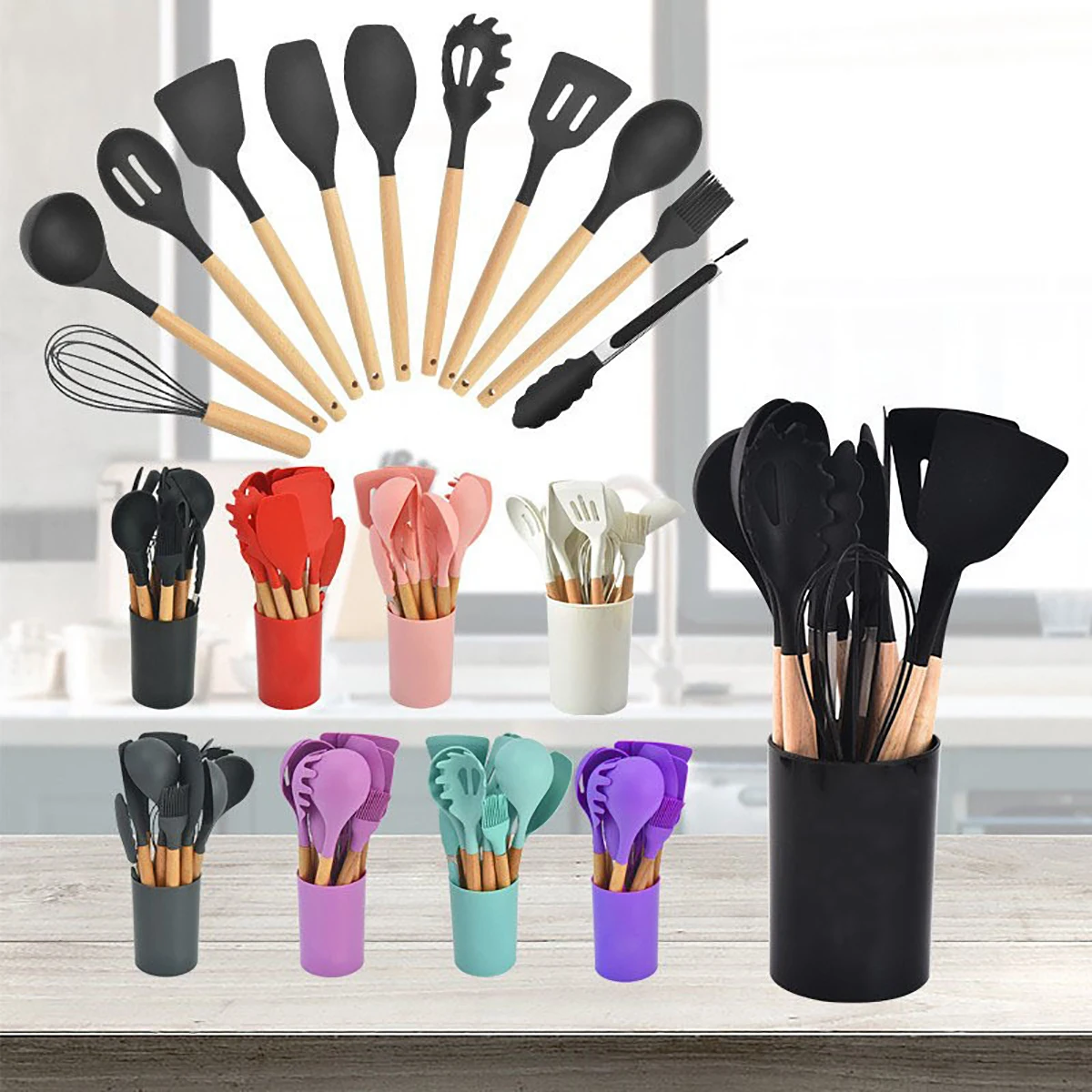 12PCS Food Grade Silicone Kitchen Cookware Utensils Turner Spatula Measuring Spoon Practical Cooking Tool Kitchenware Set